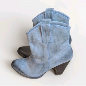 Bronx Distressed Gray And Black Leather Boots Cowgirl Pull On Block Heel Size 37